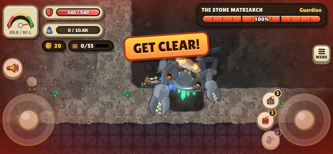 On a phone held sideways: the Stone Matriarch, the second boss, rears up and the game says Get clear!