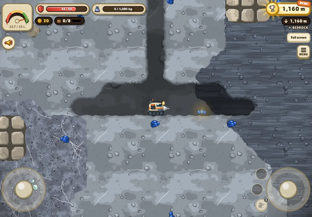 On a tablet: the drill ship in the blue-grey Bedrock at 1,160 meters with cobalt ore and a cave bat