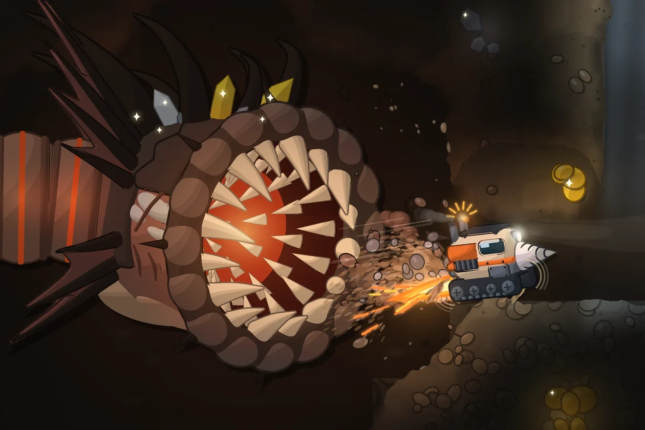 Key art: the Burrow King opens its huge mouth as the drill ship blasts past