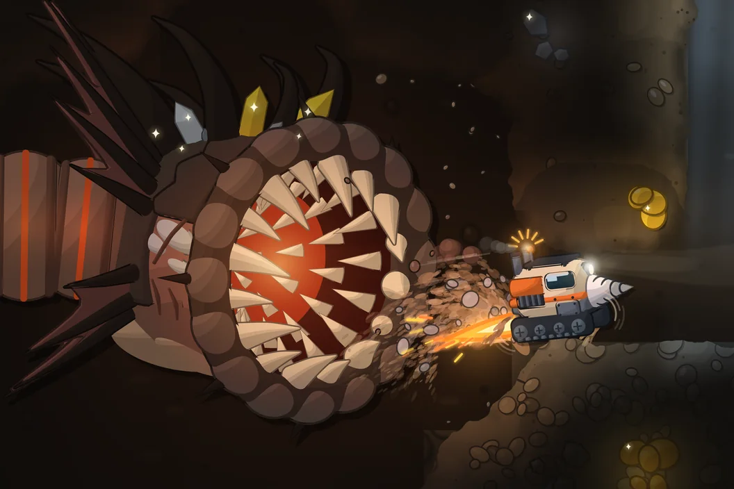 The Burrow King, a giant worm with rings of teeth, lunges at the drill ship in a dark cave