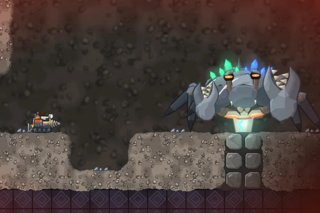 The Stone Matriarch, a huge stone crab with glowing crystals, faces the drill ship across her hall
