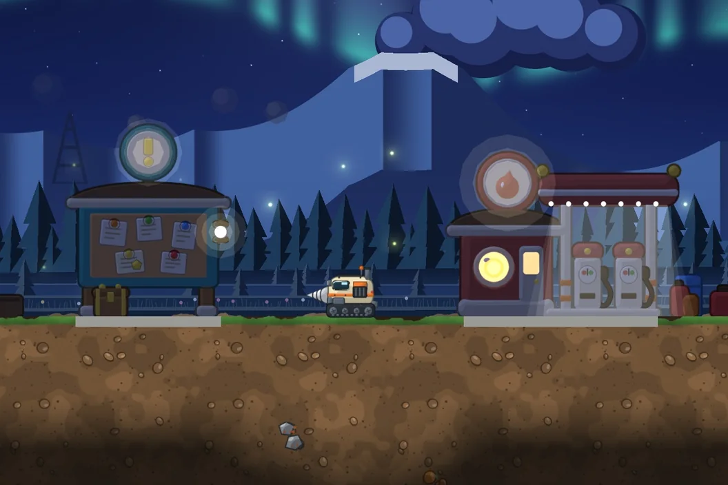 The surface base at night under northern lights, with the Quest Board and the fuel station
